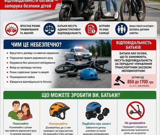 НЕПОВНОЛІТНІ ЗА КЕРМОМ ДВОКОЛІСНОГО ТРАНСПОРТУ: ВІДПОВІДАЛЬНІСТЬ БАТЬКІВ — ЗАПОРУКА БЕЗПЕКИ ДІТЕЙ